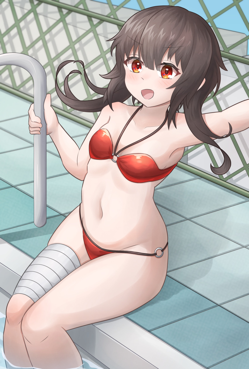 1girl, absurdres, bandaged_leg, bandages, bikini, blush, breasts, brown_hair, chain-link_fence, chiriwi, commentary_request, cowboy_shot, feet_out_of_frame, fence, hair_between_eyes, highres, kono_subarashii_sekai_ni_shukufuku_wo!, megumin, pool, pool_ladder, poolside, red_bikini, red_eyes, short_hair, short_hair_with_long_locks, sitting, skindentation, small_breasts, soaking_feet, solo, swimsuit, water