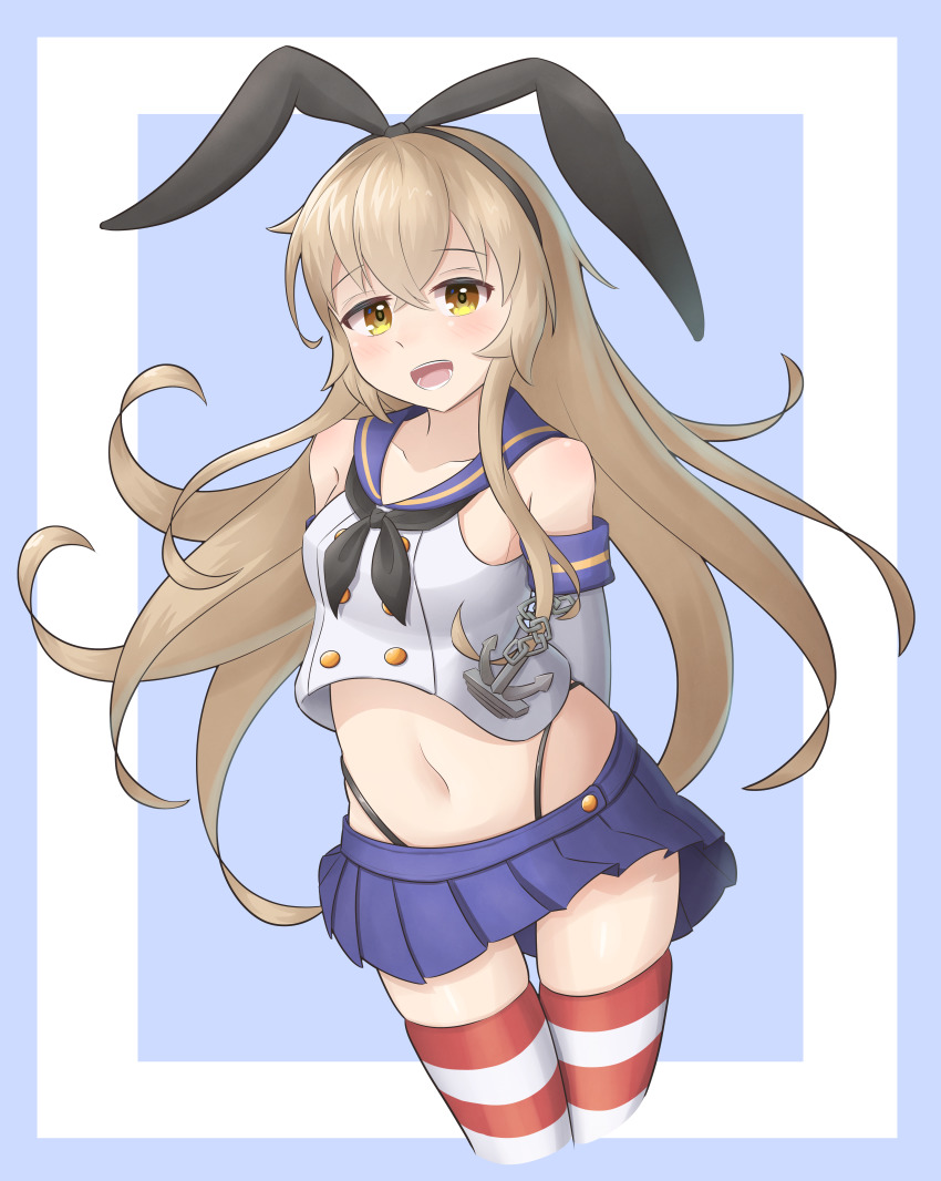 1girl, absurdres, anchor_hair_ornament, arms_behind_back, black_hairband, black_neckerchief, black_panties, blonde_hair