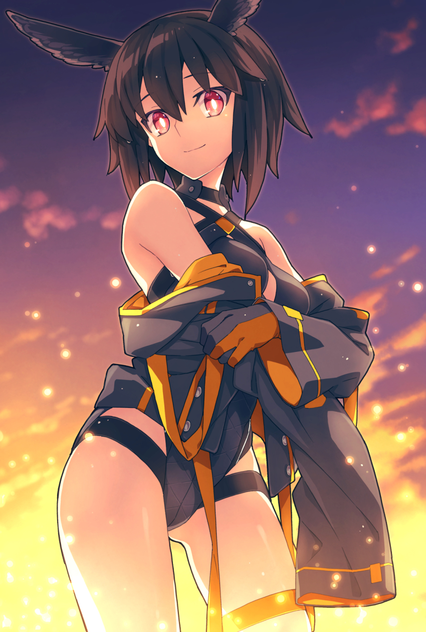 1girl, backlighting, bare_shoulders, black_hair, black_one-piece_swimsuit, breasts, cleavage, fate/grand_order
