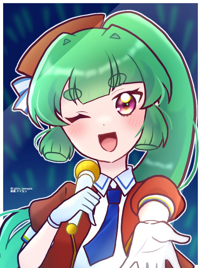 1girl, blue_necktie, green_hair, michrophone, music, necktie, one_eye_closed, ponytail, singing, tamapla-tan, wink