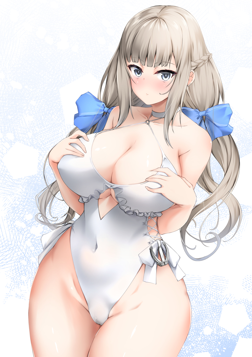 1girl, anchor_ornament, blue_bow, blue_eyes, bow, braid, breasts, casual_one-piece_swimsuit