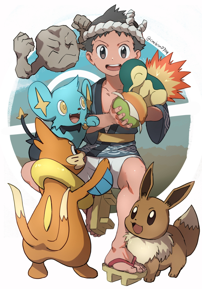 1boy, :d, buizel, collarbone, commentary_request, cyndaquil, eevee, fire, gen_1_pokemon, gen_2_pokemon, gen_4_pokemon, geodude, highres, holding, jacket, kabon_(b00902061), male_focus, nintendo, open_mouth, pokemon, pokemon_(creature), pokemon_legends:_arceus, pokemon_on_arm, rei_(pokemon), sash, shinx, short_hair, shorts, smile, teeth, toes, tongue, twitter_username, upper_teeth_only