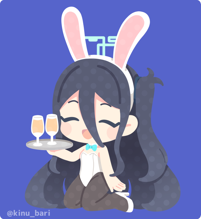1girl, :d, animal_ears, aris_(blue_archive), black_hair, blue_archive, blue_background, bow, bowtie, chibi, closed_eyes, detached_collar, drink, fake_animal_ears, flat_color, hair_between_eyes, hairband, halo, kinubari_nerune, leotard, long_hair_between_eyes, no_lineart, one_side_up, open_mouth, pantyhose, playboy_bunny, rabbit_ears, simple_background, smile, strapless, strapless_leotard, traditional_bowtie, tray, twitter_username, white_hairband