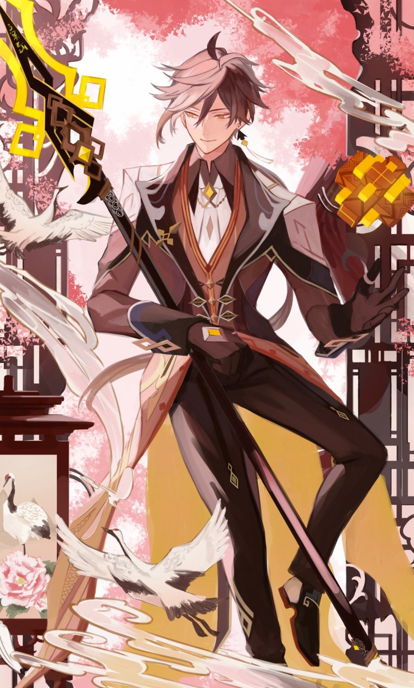 1boy, antenna_hair, black_footwear, black_gloves, brown_hair, brown_jacket, chinese_clothes, closed_mouth