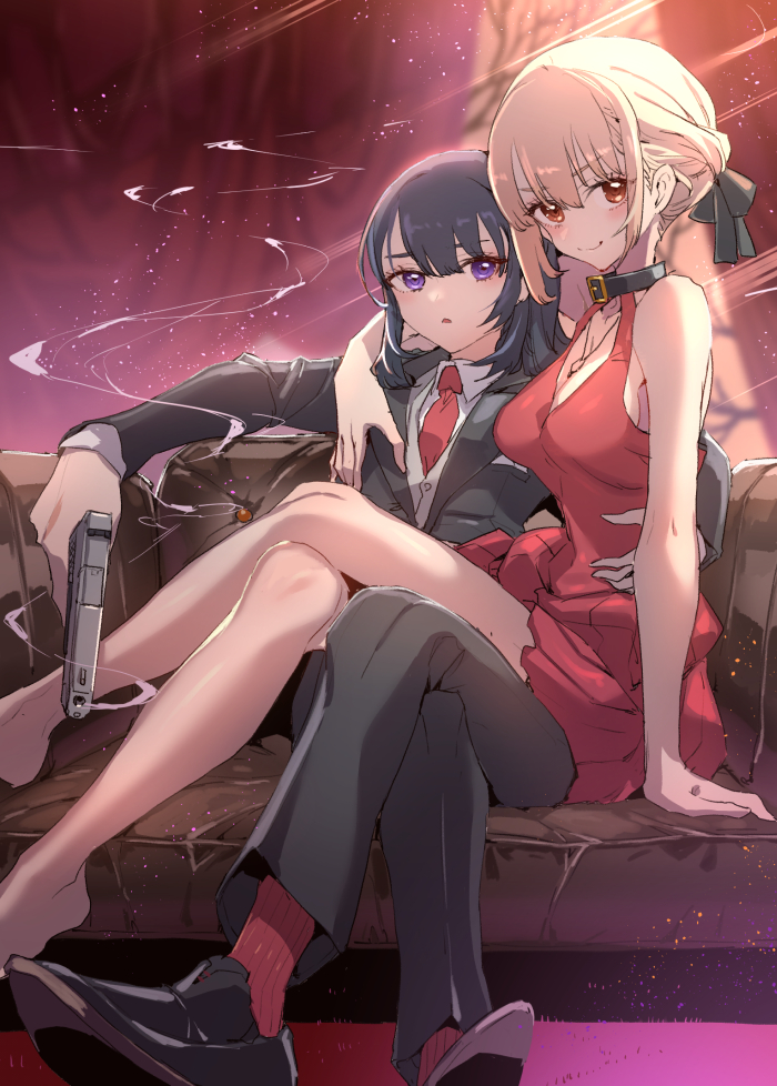 2girls, bare_legs, black_collar, black_footwear, black_hair, black_jacket, black_pants, black_ribbon, blonde_hair, blush, closed_mouth, collar, collared_shirt, crossed_legs, dress, gun, hair_between_eyes, hair_ribbon, handgun, holding, holding_gun, holding_weapon, inoue_takina, jacket, lycoris_recoil, multiple_girls, necktie, nishikigi_chisato, no_shoes, pants, parted_lips, purple_eyes, red_dress, red_eyes, red_necktie, red_socks, ribbon, shirt, shoeless, shoes, short_hair, sleeveless, sleeveless_dress, smile, smoke, socks, tajima_ryuushi, weapon, white_shirt, yuri
