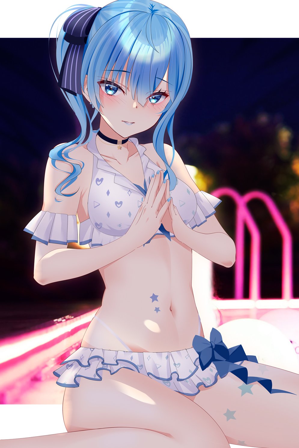 1girl, armband, bikini, blue_eyes, blue_hair, blue_nails, blush, body_markings