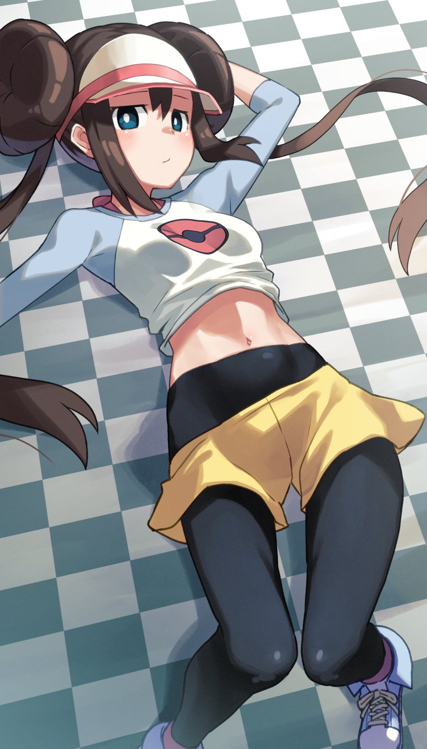 1girl, arm_up, black_pantyhose, blue_eyes, bright_pupils, brown_hair, checkered_floor, closed_mouth