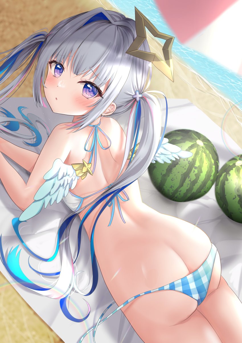1girl, absurdres, amane_kanata, angel, angel_wings, ass, beach_towel, beach_umbrella