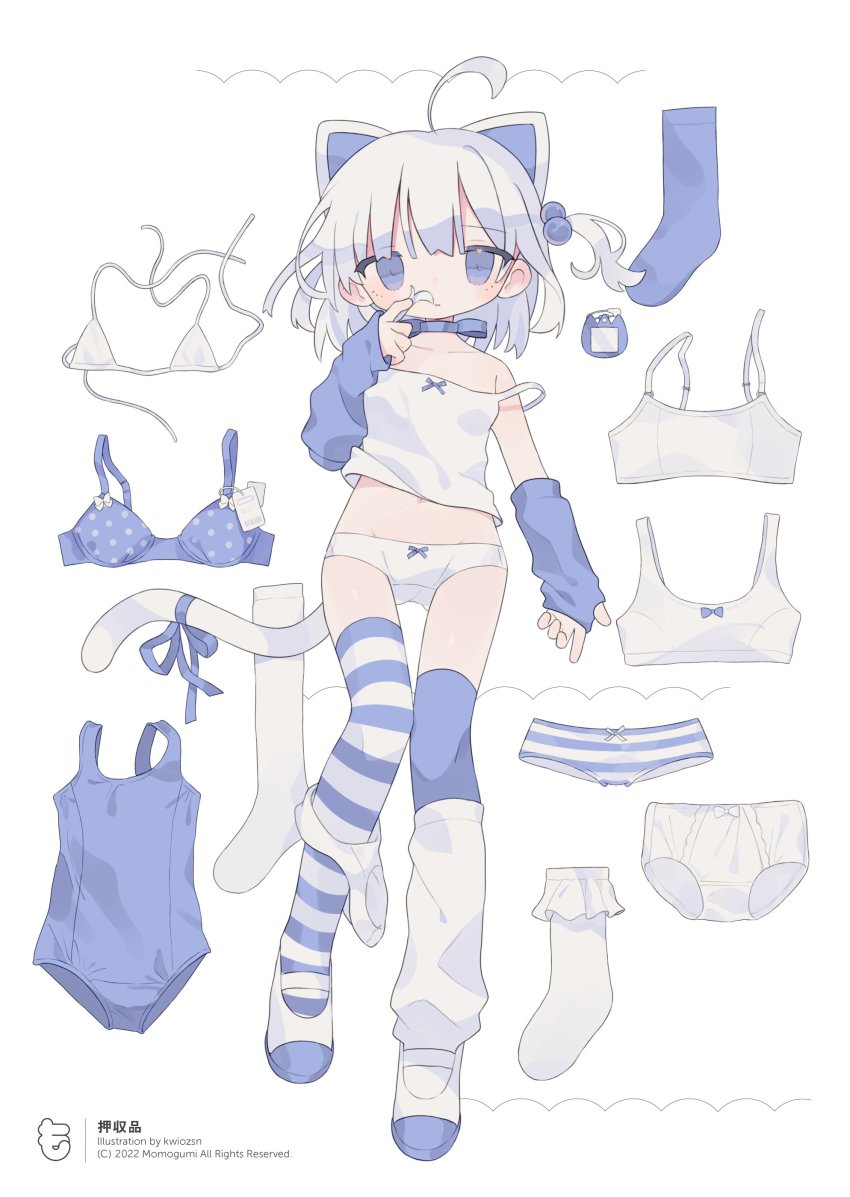 1girl, absurdres, ahoge, animal_ears, artist_name, asymmetrical_legwear, bare_shoulders, bikini, blue_bra, blue_eyes, blue_one-piece_swimsuit, blue_ribbon, blue_sleeves, blue_thighhighs, bra, camisole, cat_ears, cat_girl, cat_tail, choker, collarbone, copyright_notice, daizu_(melon-lemon), dated, detached_sleeves, dress-up, full_body, hair_bobbles, hair_ornament, highres, holding, holding_own_hair, layered_legwear, looking_at_viewer, medium_hair, mismatched_legwear, multiple_panties, name_tag, one-piece_swimsuit, one_side_up, original, panties, panties_around_leg, parted_lips, polka_dot, polka_dot_bra, price_tag, ribbon, ribbon_choker, school_swimsuit, shoes, simple_background, sleeves_past_wrists, socks, solo, striped_clothes, striped_panties, striped_thighhighs, swimsuit, tail, tenshi_kaiwai, thighhighs, underwear, unworn_bikini, unworn_bra, unworn_panties, unworn_socks, unworn_swimsuit, uwabaki, white_background, white_bikini, white_camisole, white_hair, white_panties, white_shoes, white_socks