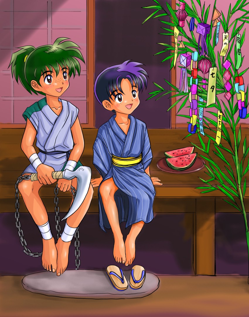 2boys, absurdres, barefoot, food, fruit, highres, higurashi_sota, inuyasha, japanese_clothes, japanese_veranda, kimono, kohaku_(inuyasha), kusarigama, male_focus, multiple_boys, sandals, unworn_sandals, shota, sickle, takenokoya, tanabata, watermelon, weapon