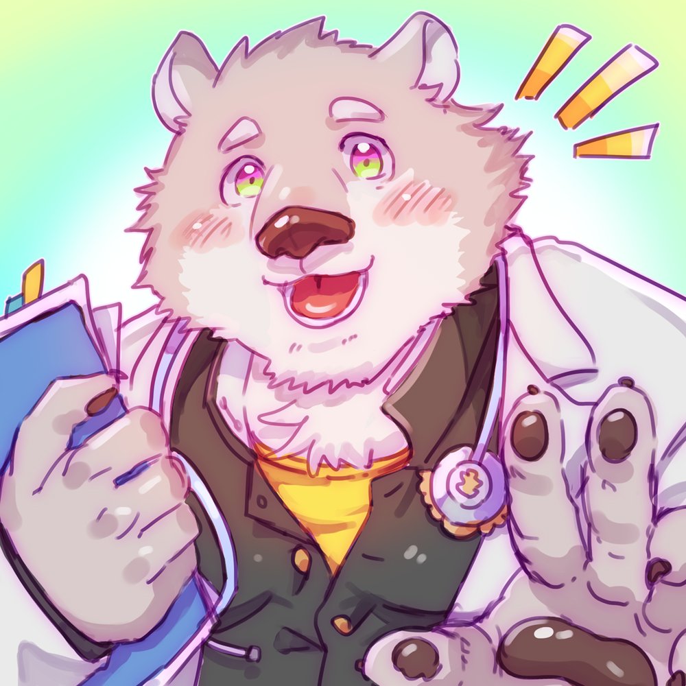 1boy, animal_ears, animal_hands, bara, bear_boy, bear_ears, blush, collared_shirt