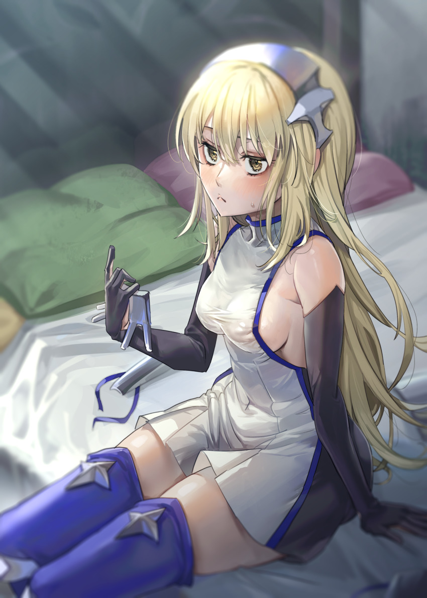1girl, :<, absurdres, aiz_wallenstein, bare_shoulders, bed, black_gloves, blonde_hair