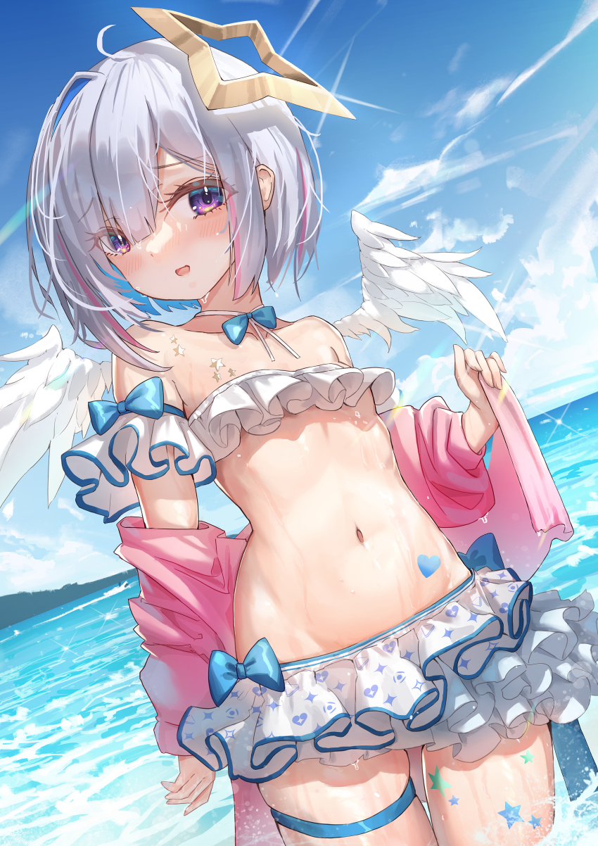 1girl, absurdres, amane_kanata, angel, angel_wings, bare_shoulders, beach, bikini