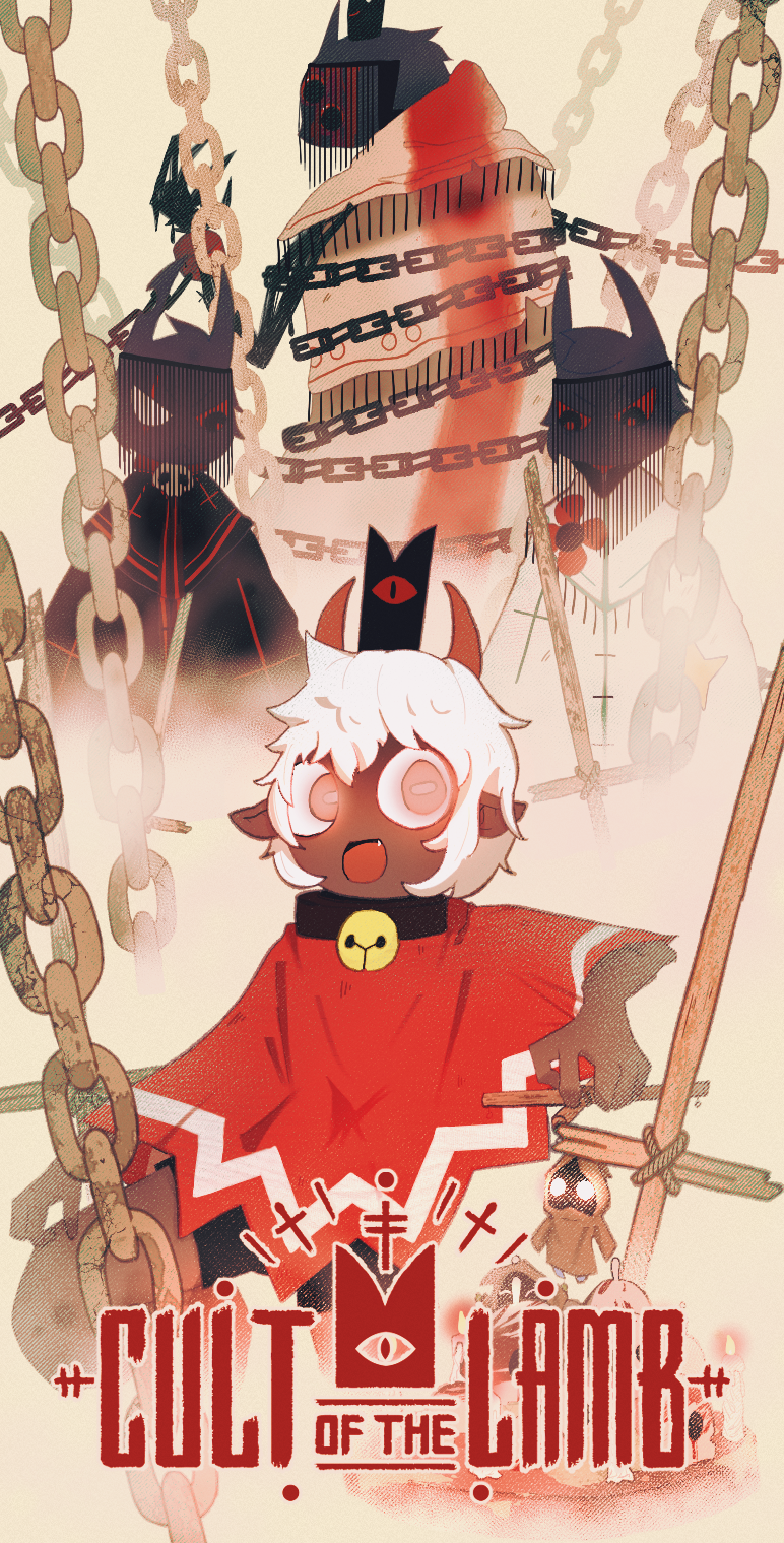 aym_(cult_of_the_lamb), baal_(cult_of_the_lamb), bell, capelet, chain, crown, cult_of_the_lamb, furry, glowing, glowing_eyes, highres, horns, narinder_(cult_of_the_lamb), neck_bell, open_mouth, original, red_crown, red_crown_(cult_of_the_lamb), red_eyes, the_lamb_(cult_of_the_lamb), the_one_who_waits, xetsumei