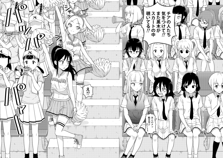 arm_up, armpits, black_hair, blonde_hair, blunt_bangs, breasts, cheering, cheerleader, clothes_writing, commentary_request, crop_top, crop_top_overhang, greyscale, hand_on_own_hip, highres, holding, holding_pom_poms, ichikawa_masahiro, kaede_(watamote), katou_asuka, kayo_(watamote), komiyama_kotomi, kuroki_tomoko, maki_(watamote), miyazaki_(watamote), monochrome, narita_miho, nemoto_hina, okada_akane, ootonari_nagi, pom_pom_(cheerleading), pom_poms, ponytail, sasaki_fuuka, speech_bubble, tamura_yuri, tanaka_mako, topknot, translation_request, uchi_emiri, watashi_ga_motenai_no_wa_dou_kangaetemo_omaera_ga_warui!