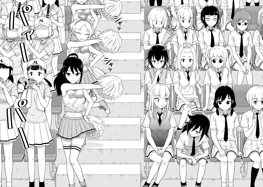arm_up, armpits, bags_under_eyes, black_hair, blonde_hair, blunt_bangs, breasts, cheering, cheerleader, clothes_writing, crop_top, crop_top_overhang, greyscale, hand_on_own_hip, highres, holding, holding_pom_poms, ichikawa_masahiro, kaede_(watamote), katou_asuka, kayo_(watamote), komiyama_kotomi, kuroki_tomoko, looking_down, maki_(watamote), miyazaki_(watamote), monochrome, narita_miho, nemoto_hina, okada_akane, ootonari_nagi, pom_pom_(cheerleading), pom_poms, ponytail, sasaki_fuuka, tamura_yuri, tanaka_mako, topknot, uchi_emiri, watashi_ga_motenai_no_wa_dou_kangaetemo_omaera_ga_warui!, yuri