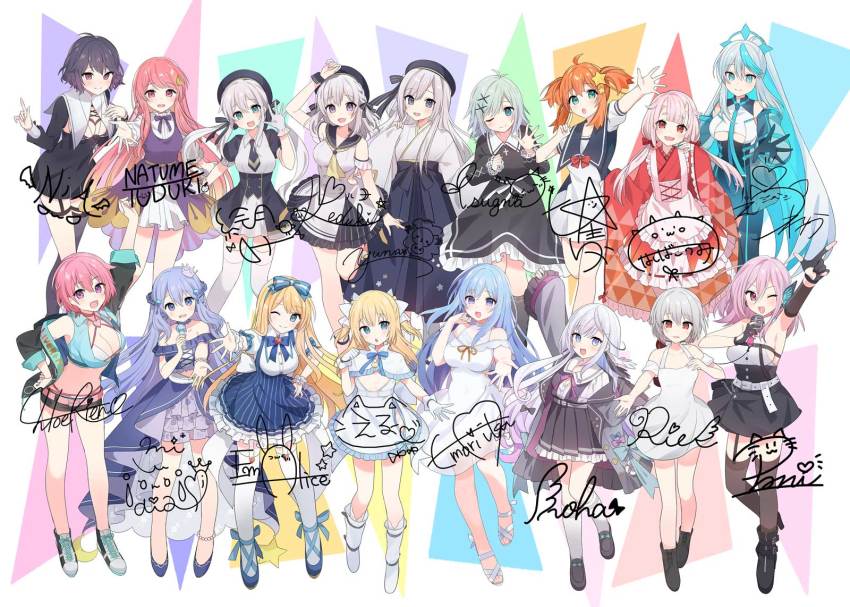 6+girls, artist_request, blue_background, character_name, character_request, emori_miku, emu_alice, full_body