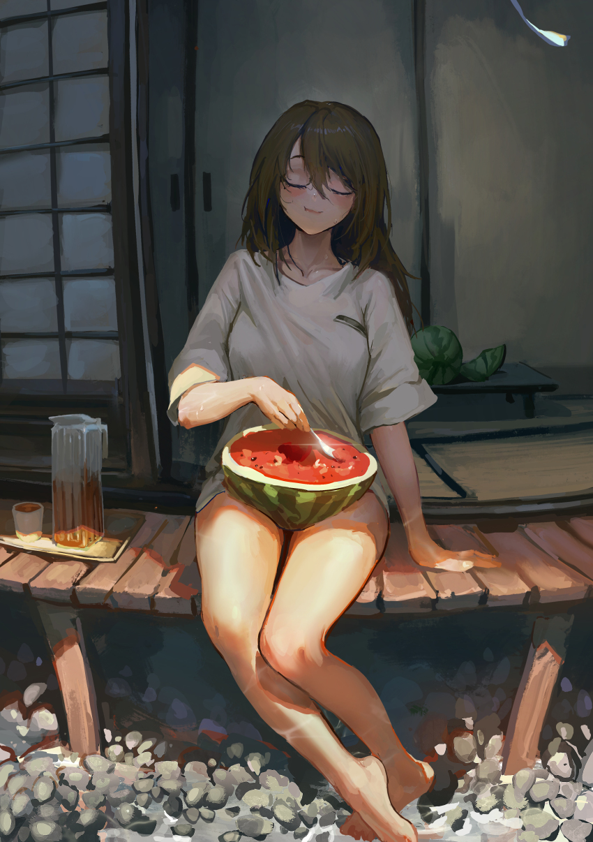 1girl, absurdres, arm_support, bare_legs, barefoot, brown_hair, chewing, collarbone