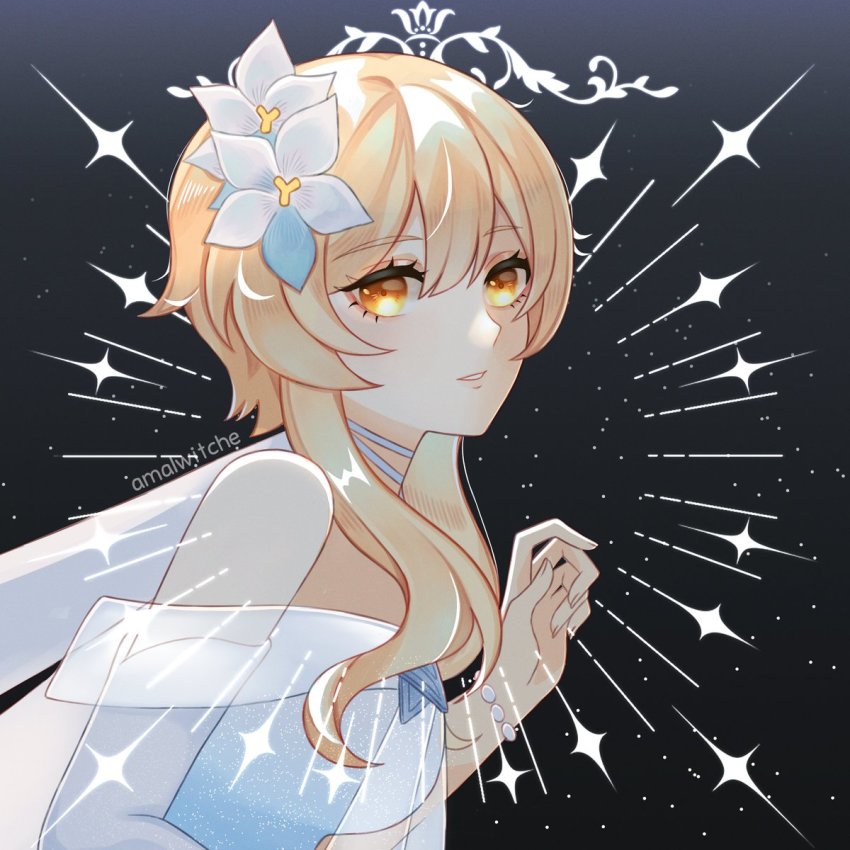 1girl, alternate_costume, amalwitche, blonde_hair, flower, genshin_impact, hair_between_eyes, hair_flower, hair_ornament, highres, looking_at_viewer, lumine_(genshin_impact), off_shoulder, orange_eyes, parted_lips, short_hair_with_long_locks, sidelocks, solo, white_flower, yellow_eyes