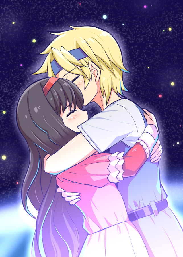 1boy, 1girl, belt, blonde_hair, brown_hair, cougar_(cougar1404), dress, closed_eyes