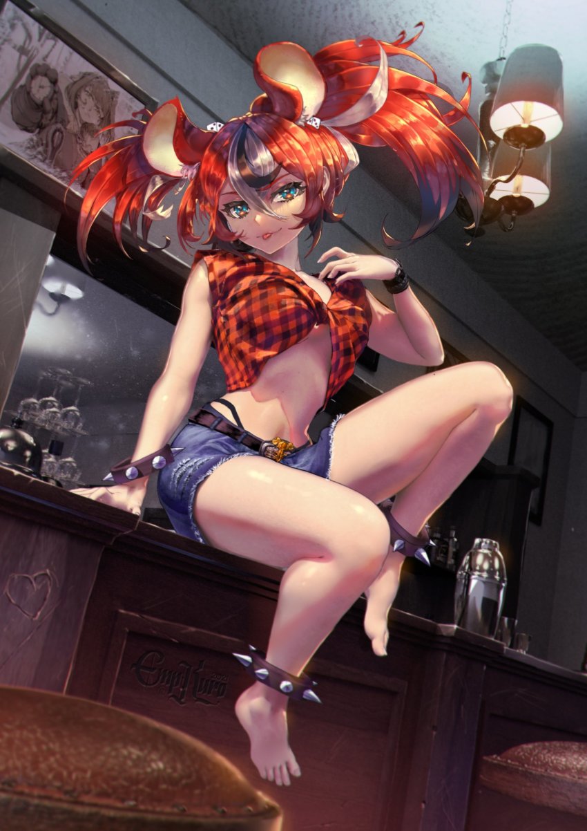 anklet, bar_(place), barefoot, checkered_clothes, empikuro, feet, hakos_baelz, highres, hololive, hololive_english, shorts, spiked_anklet, spikes, thong, toes, virtual_youtuber