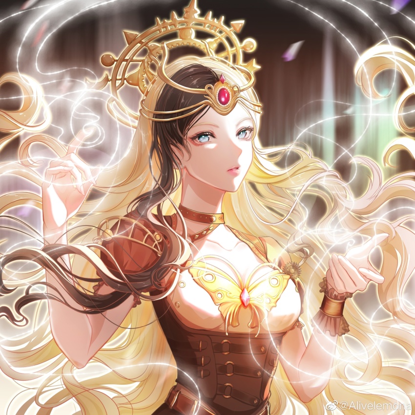 1girl, absurdres, alivelemona, bai_guangying_(ye_luoli), belt, blue_eyes, breasts, cleavage_cutout, clothing_cutout, expressionless, falling_petals, glowing, hair_ornament, hands_up, highres, long_hair, medium_breasts, multicolored_hair, petals, short_sleeves, solo, teeth, two-tone_hair, ye_luoli