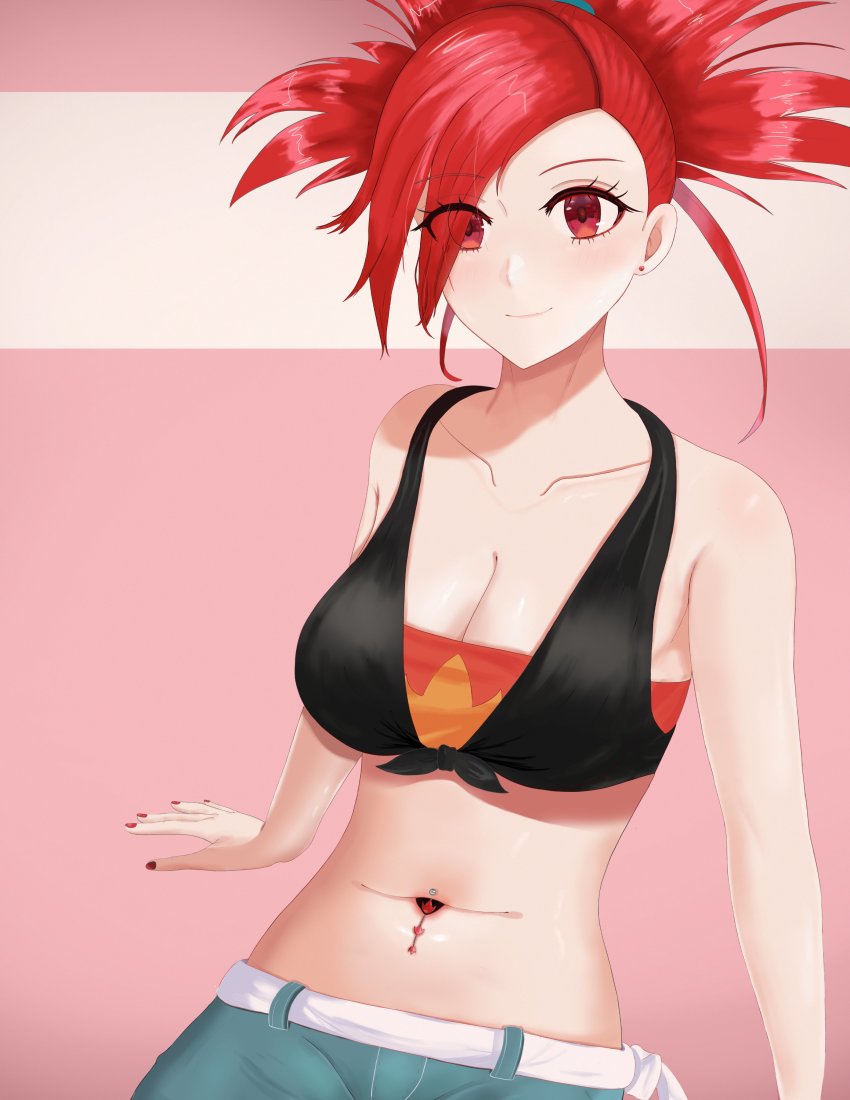 1girl, absurdres, bare_shoulders, belt, breasts, cleavage, crop_top, denim