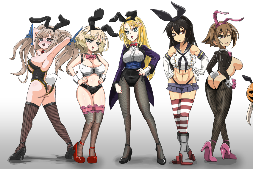 6+girls, abs, alternate_costume, animal_ears, ankle_strap, ass, black_footwear, black_hair