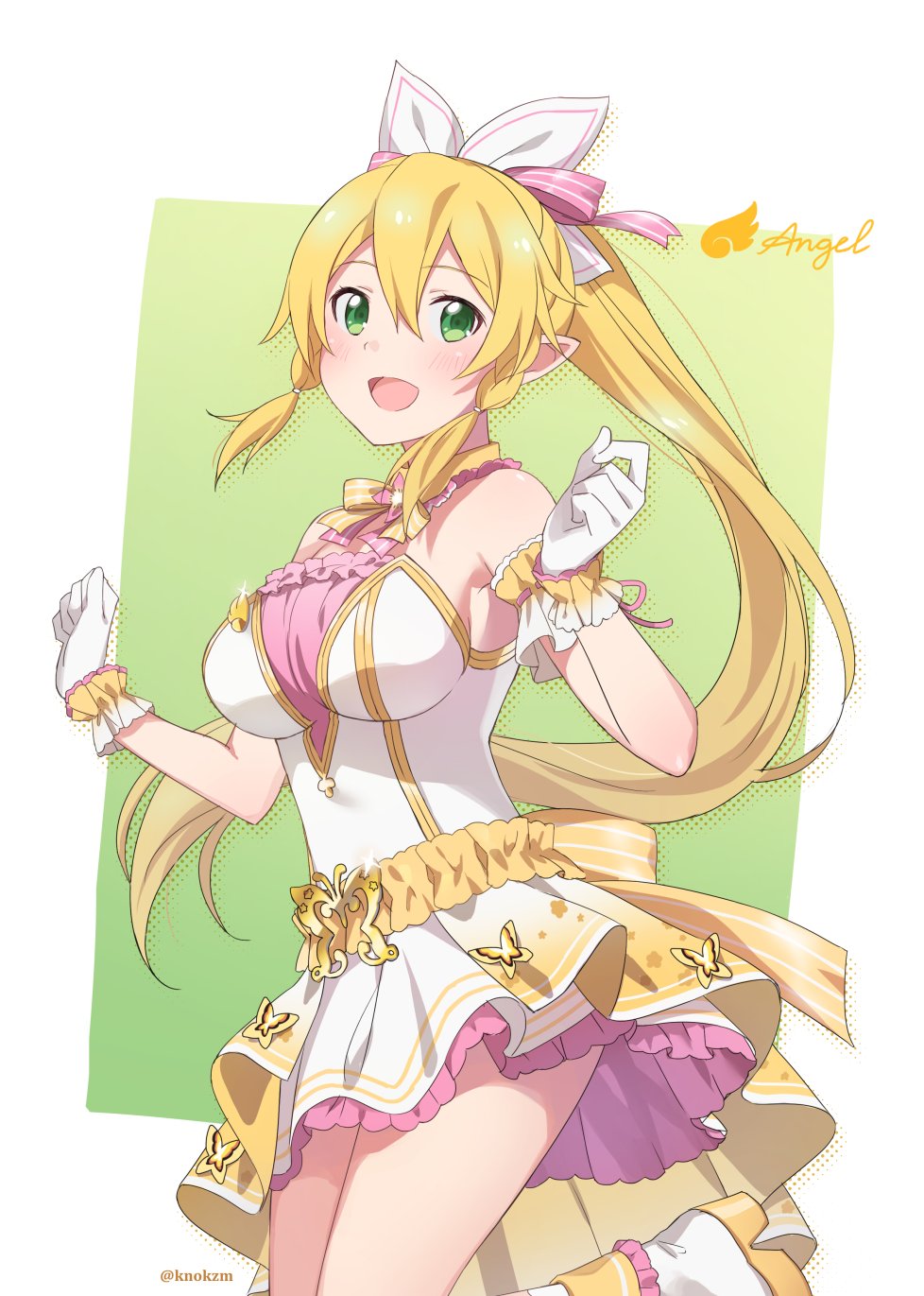 1girl, alternate_costume, back_bow, bare_shoulders, blonde_hair, blush, bow, breasts, butterfly_ornament, gloves, green_eyes, hair_between_eyes, hair_bow, highres, idol, knokzm, leafa_(sao), leg_up, long_hair, looking_at_viewer, open_mouth, ponytail, solo, sword_art_online, twitter_username, very_long_hair, white_footwear, white_gloves, yellow_bow