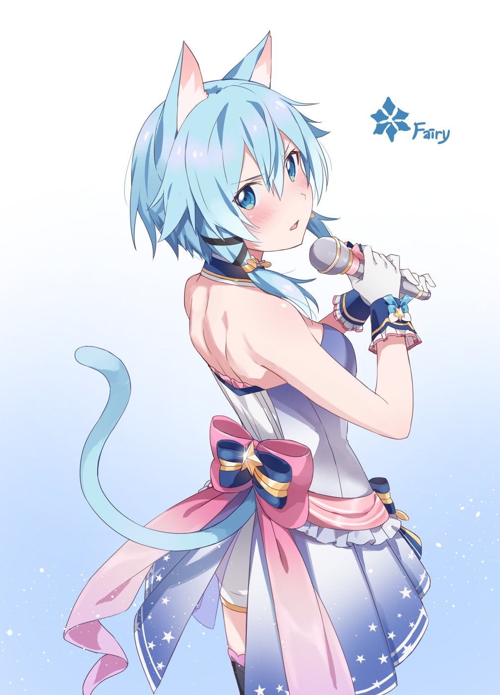 1girl, alternate_costume, animal_ear_fluff, animal_ears, back_bow, bare_shoulders, blue_bow, blush, bow, cat_ears, cat_tail, gloves, hair_between_eyes, highres, holding, holding_microphone, idol, knokzm, looking_at_viewer, looking_back, microphone, pink_bow, sinon, sinon_(sao-alo), sleeveless, solo, sword_art_online, tail, white_gloves