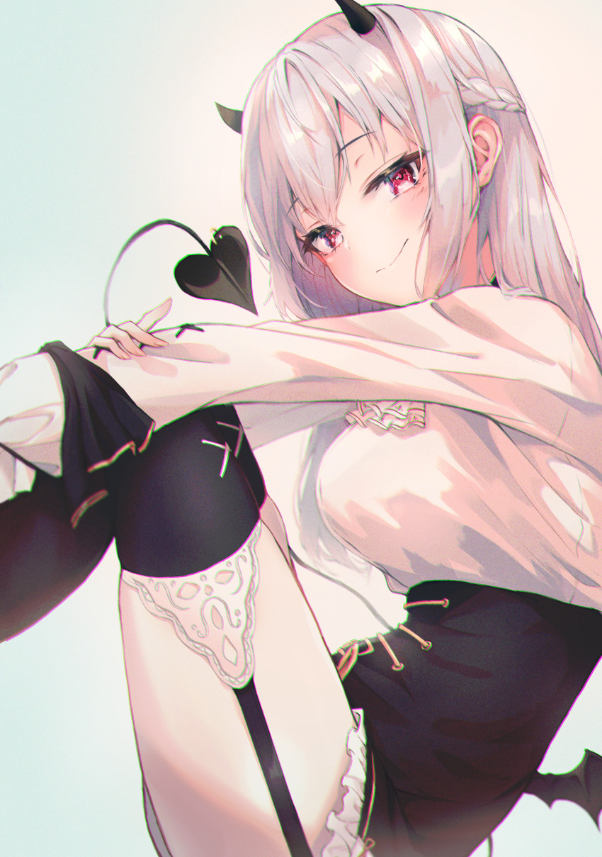 1girl, absurdres, braid, ciawasemono, demon_girl, demon_horns, demon_tail, demon_wings, garter_straps, grey_hair, hakase_fuyuki, hakase_fuyuki_(3rd_costume), half_up_braid, highres, horns, long_hair, long_sleeves, low_wings, nijisanji, red_eyes, solo, tail, thighhighs, virtual_youtuber, wings