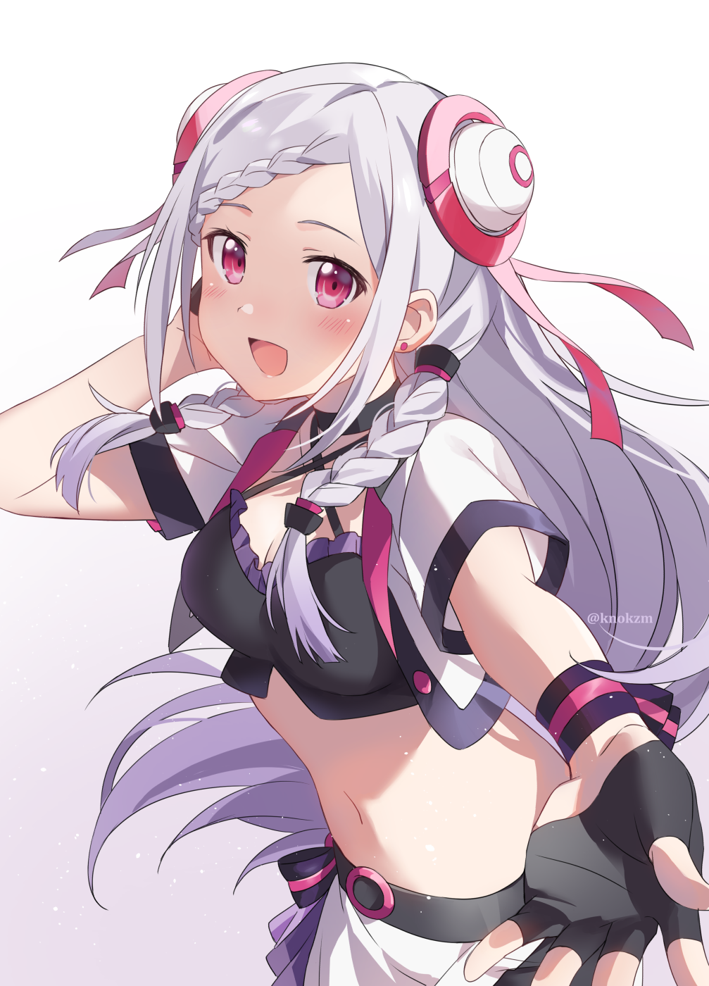 1girl, :d, black_gloves, blush, braid, braided_bangs, crop_top, double_bun