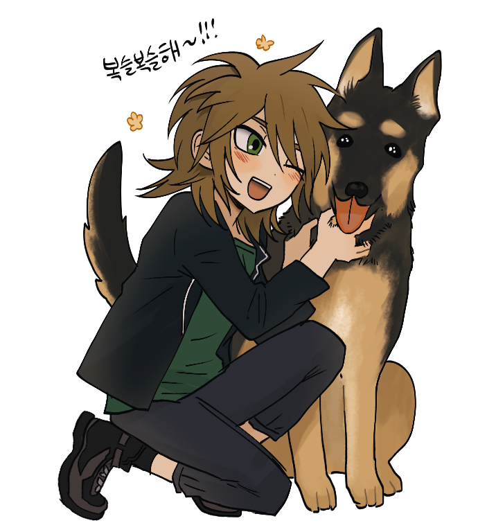 1boy, ;d, black_jacket, black_shoes, black_socks, blonde_hair, blue_pants, commentary_request