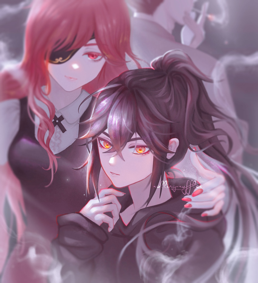 1girl, 2boys, absurdres, back-to-back, black_dress, brown_coat, brown_hair, closed_mouth