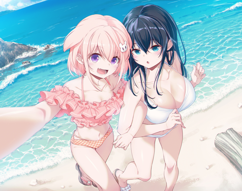 2girls, 40hara, :o, absurdres, bare_arms, beach, bikini, black_hair, blue_eyes, breasts, cleavage, collarbone, commentary_request, driftwood, fang, frilled_bikini, frills, from_above, hair_between_eyes, highres, large_breasts, locked_arms, long_hair, medium_hair, multiple_girls, navel, ocean, open_mouth, original, outstretched_arm, pink_bikini, pink_hair, purple_eyes, sandals, selfie, small_breasts, smile, standing, swimsuit, white_bikini