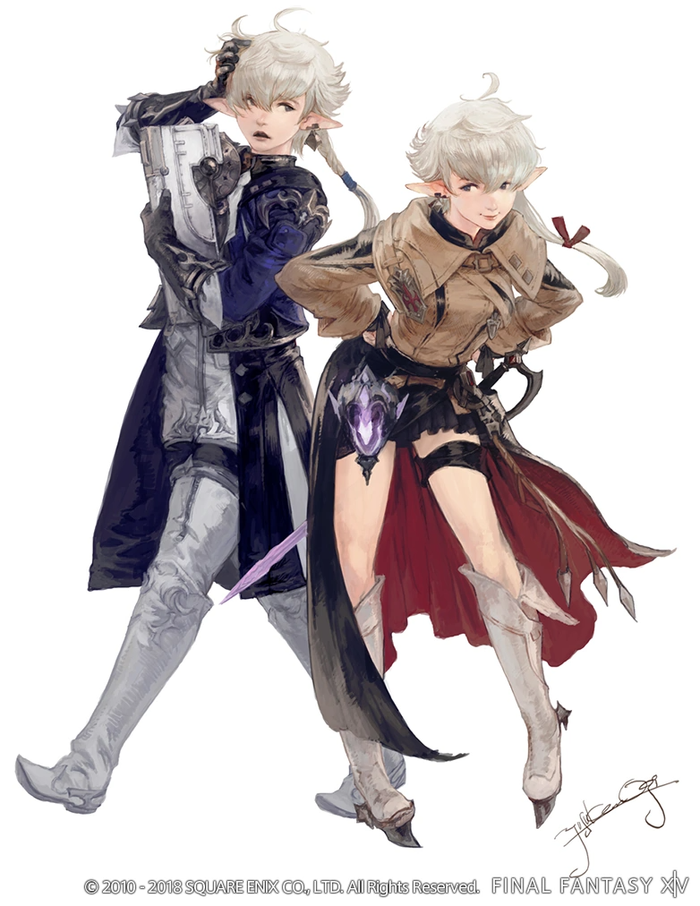 1boy, 1girl, ahoge, alisaie_leveilleur, alphinaud_leveilleur, arcanist_(final_fantasy), artist_name, bad_source, black_gloves, black_skirt, blue_coat, blue_eyes, book, boots, braid, brother_and_sister, brown_jacket, coat, collared_coat, company_name, copyright_name, copyright_notice, d:, earclip, earrings, elbow_gloves, elezen, elf, eye_contact, final_fantasy, final_fantasy_xiv, from_side, full_body, gloves, grey_hair, hair_ribbon, hand_in_own_hair, hand_on_own_head, hands_on_own_hips, hatching_(texture), holding, holding_book, jacket, jewelry, knee_boots, leaning_forward, long_hair, long_sleeves, looking_at_another, looking_to_the_side, low_ponytail, mogi_yuusuke, official_art, open_mouth, overskirt, pointy_ears, ponytail, red_mage_(final_fantasy), ribbon, siblings, sideways_glance, signature, simple_background, single_braid, single_earring, skirt, smile, standing, sword, thigh_boots, thigh_strap, third-party_source, twins, two-sided_fabric, walking, weapon, white_background, white_footwear