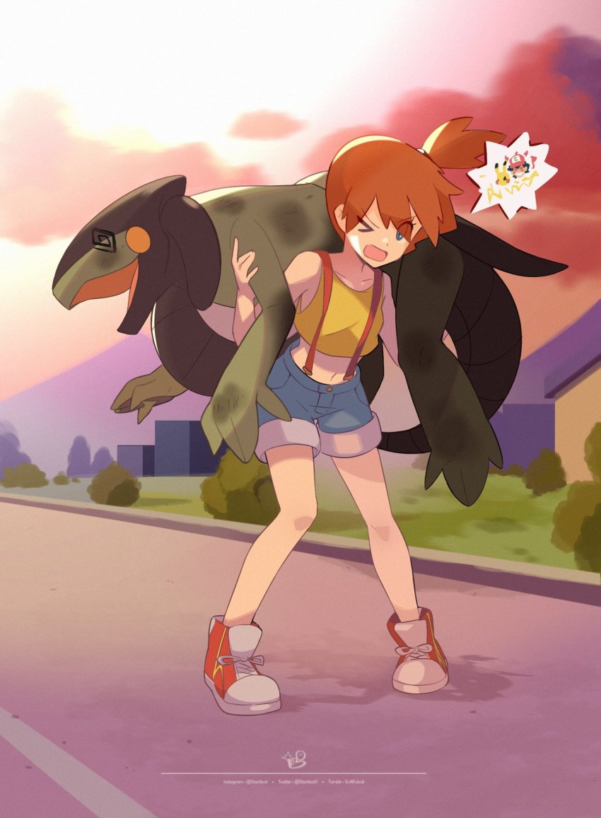 1girl, @_@, ash_ketchum, blue_eyes, breasts, commentary, cyclizar, english_commentary, full_body, gen_1_pokemon, highres, misty_(pokemon), navel, nintendo, one_eye_closed, open_mouth, orange_hair, outdoors, pikachu, pink_sky, pokemon, pokemon_(anime), pokemon_(classic_anime), pokemon_(creature), pokemon_ep002, ponytail, short_hair, short_ponytail, shorts, side_ponytail, sky, spiked_hair, standing, startboii, suspenders