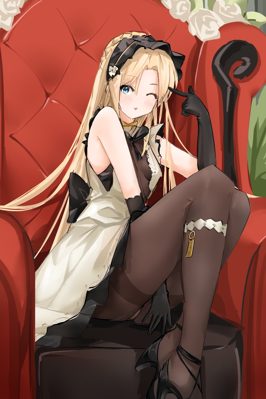 1girl, ;p, absurdres, azur_lane, back_bow, black_footwear, black_gloves, blonde_hair