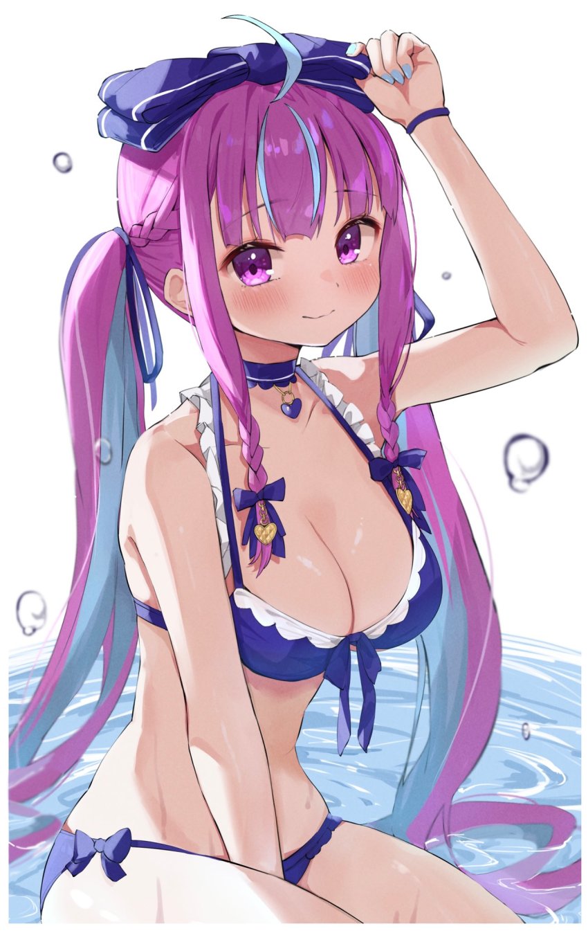 1girl, ahoge, bikini, blue_bikini, blue_bow, blue_choker, blue_hair, blue_nails