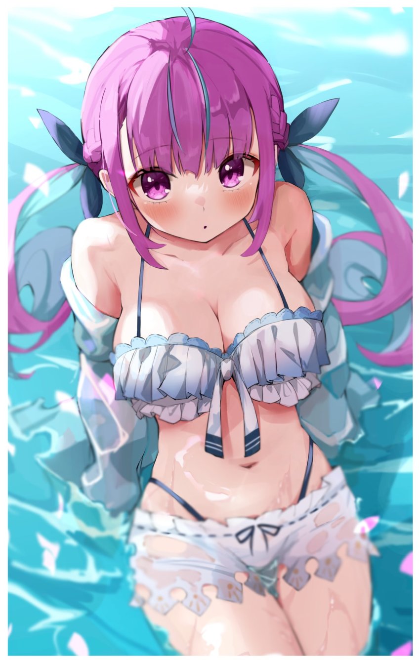 1girl, ahoge, bikini, blue_hair, blue_ribbon, blunt_bangs, blush, breasts