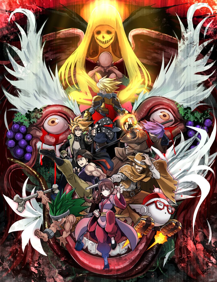 1girl, 1other, 6+boys, armor, beard, black_hair, blonde_hair, bone, brown_hair, butcha-u, chinese_clothes, cowboy_hat, cube_(live_a_live), demon_king_odio, facial_hair, fighting_stance, fingerless_gloves, fire, gloves, green_hair, gun, handgun, hat, headband, high_kick, highres, jacket, kicking, leather_armor, lei_kuugo, live_a_live, looking_at_viewer, mask, monster, multiple_boys, ninja, oboro-maru_(live_a_live), oersted, pogo_(live_a_live), pointing, pointing_at_viewer, poncho, purple_hair, revolver, robot, roller_skates, scarf, school_uniform, serafuku, skates, skeleton, sleeveless, smile, spiked_hair, sundown_kid, sword, tadokoro_akira, takahara_masaru, weapon, weapon_on_back