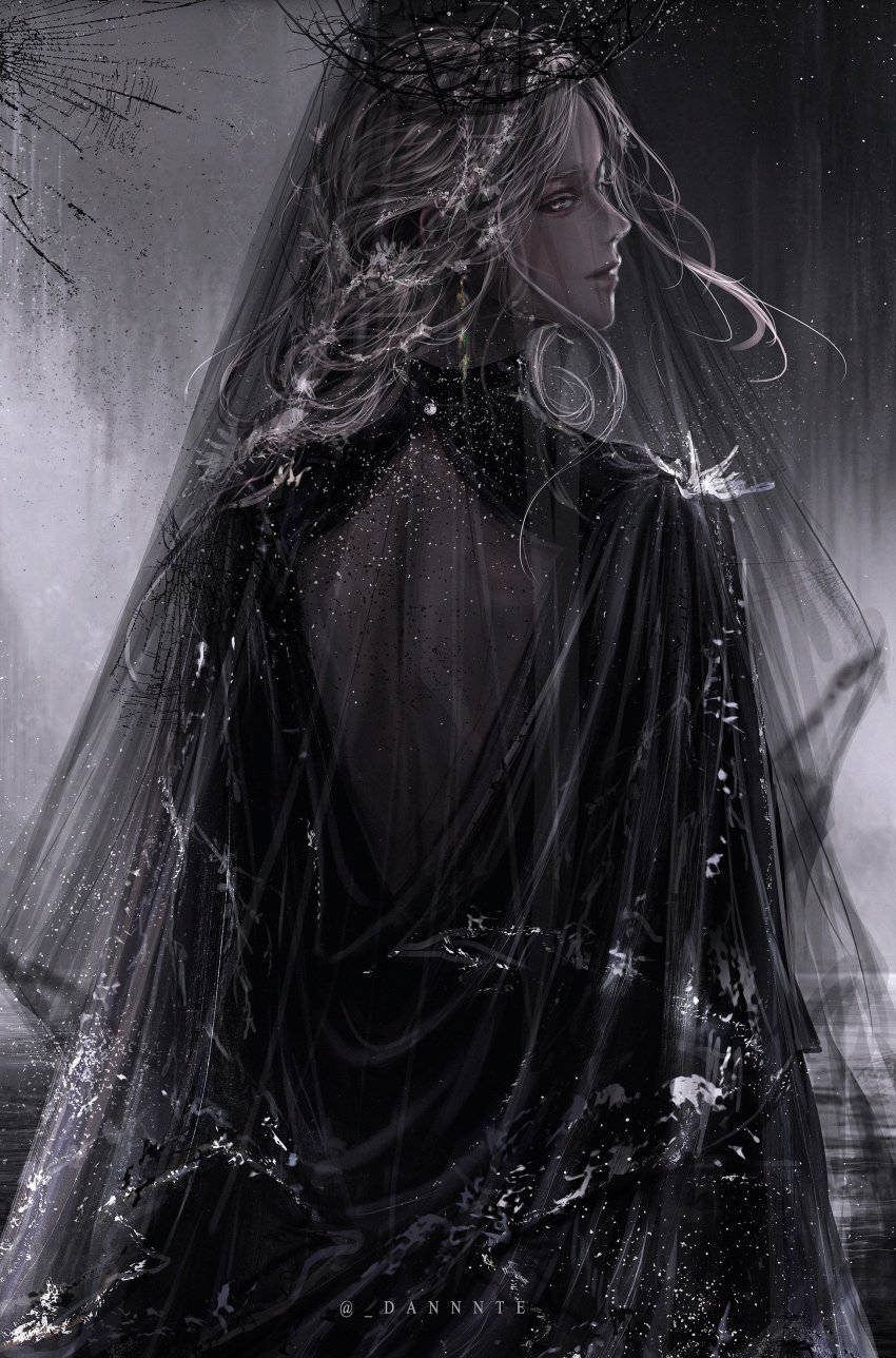 1girl, absurdres, back, black_dress, black_veil, blonde_hair, dante, dark_background