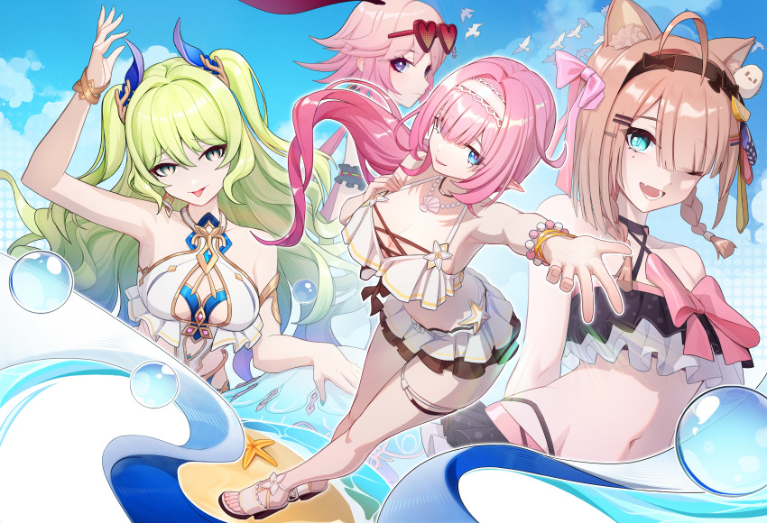 4girls, :d, absurdres, ahoge, animal_ears, bare_shoulders, bikini, bikini_skirt, black_bikini, blue_eyes, blue_sky, breasts, brown_hair, cat_ears, cat_girl, cleavage, closed_mouth, cloud, cloudy_sky, earrings, elf, elysia_(honkai_impact), elysia_(miss_pink_elf)_(honkai_impact), elysia_(summer_miss_elf)_(honkai_impact), eyewear_on_head, fox_ears, frilled_bikini, frills, full_body, green_eyes, green_hair, headband, high_heel_sandals, high_heels, highres, honkai_(series), honkai_impact_3rd, jewelry, jiachong_jun_z, long_hair, looking_at_viewer, mobius_(daughter_of_corals)_(honkai_impact), mobius_(honkai_impact), multiple_girls, one-piece_swimsuit, one_eye_closed, open_mouth, open_shoes, pardofelis, pardofelis_(midsummer_collector), pink_hair, pointy_ears, purple_eyes, sandals, single_earring, sky, smile, summer, summer_uniform, sunglasses, swimsuit, toes, tongue, tongue_out, twintails, upper_body, white_bikini, yae_sakura, yae_sakura_(goushinnso_memento), yae_sakura_(sakura_summer)