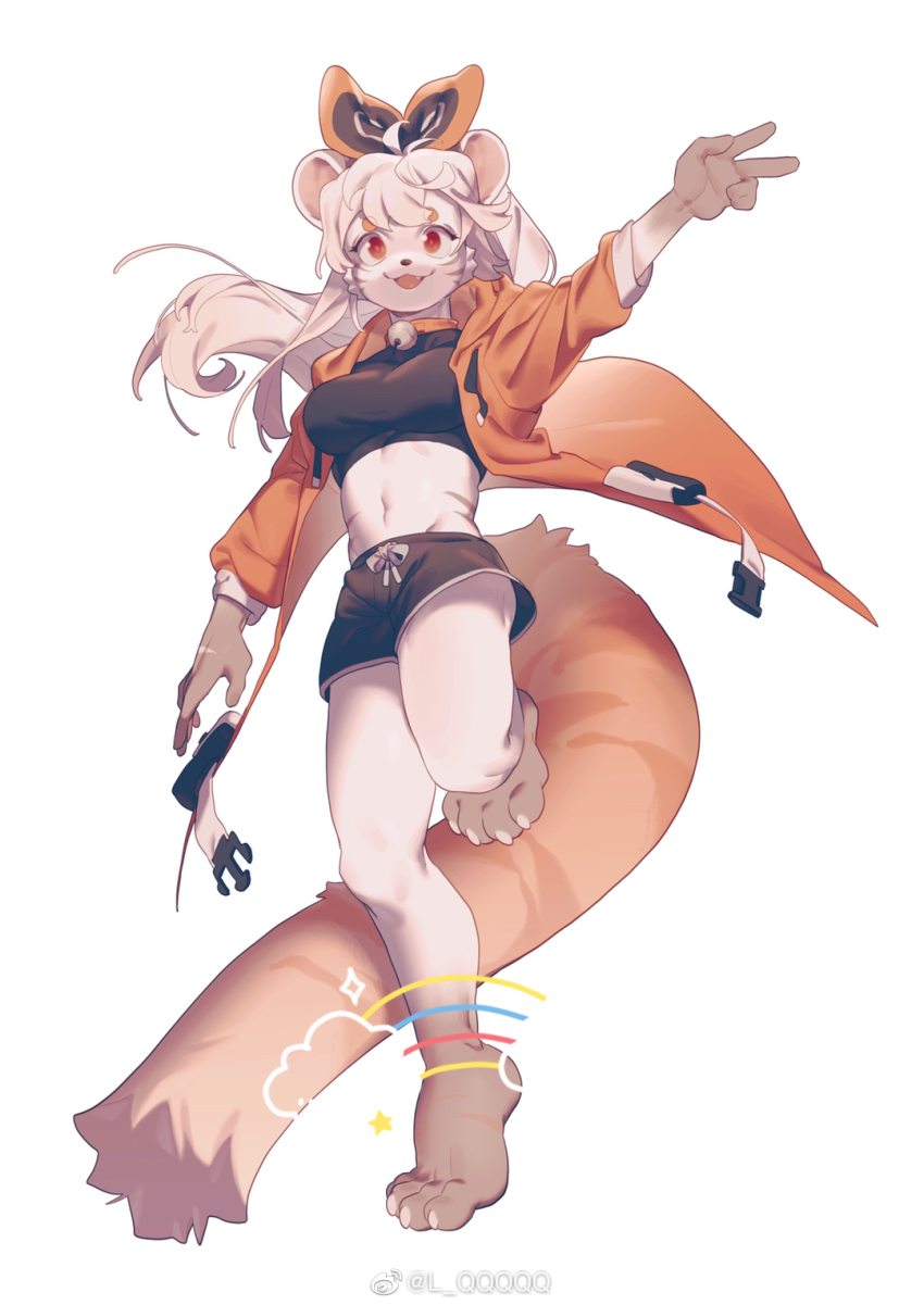 1girl, :3, animal_feet, animal_nose, arm_up, artist_name, barefoot, bell, black_shirt, black_shorts, body_fur, breasts, brown_fur, claws, crop_top, facial_mark, fang, feet, female_focus, full_body, furry, furry_female, groin, hair_ribbon, happy, highres, jacket, jingle_bell, leg_up, legs, lemur_ears, lemur_girl, lemur_tail, long_hair, long_sleeves, looking_at_viewer, lqqq, medium_breasts, midriff, navel, neck_bell, open_clothes, open_jacket, open_mouth, orange_jacket, orange_ribbon, original, outstretched_arm, red_eyes, ribbon, shirt, short_shorts, shorts, sidelocks, simple_background, smile, snout, solo, standing, standing_on_one_leg, star_(symbol), stomach, striped_tail, tail, toe_claws, two-tone_fur, v, watermark, weibo_watermark, whisker_markings, white_background, white_fur, white_hair