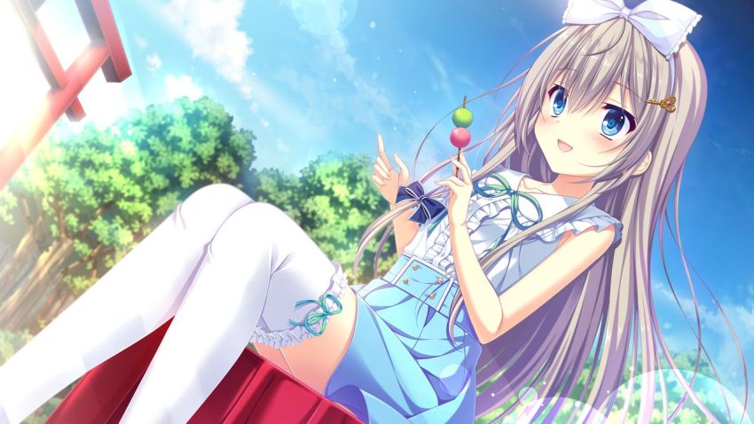 1girl, against_tree, black_bow, blonde_hair, blue_eyes, blue_skirt, bow, bow_hairband