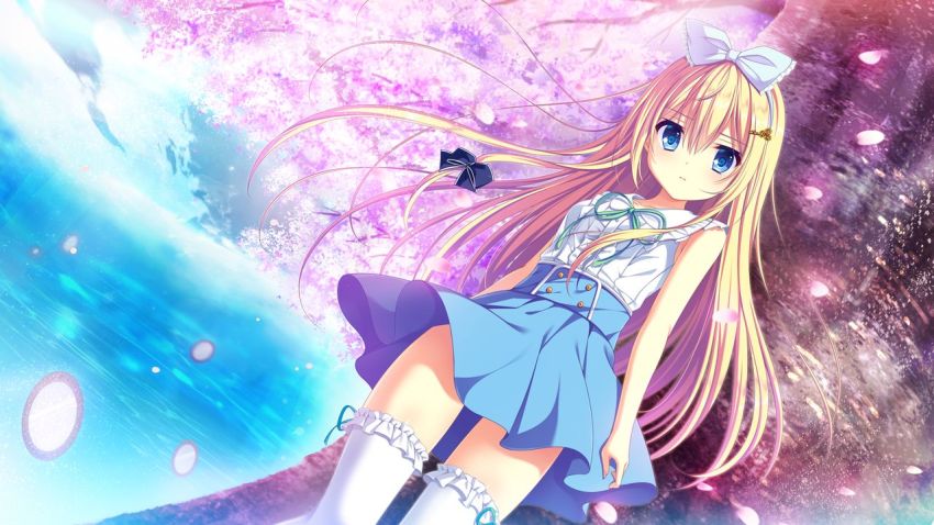 1girl, against_tree, black_bow, blonde_hair, blue_eyes, blue_skirt, bow, bow_hairband