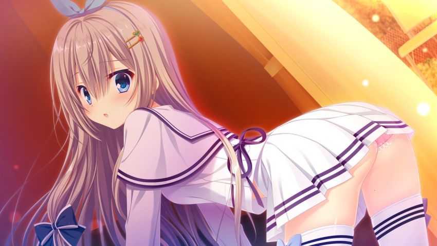 1girl, bent_over, blue_bow, blue_eyes, blue_hairband, blush, bow, bow_hairband