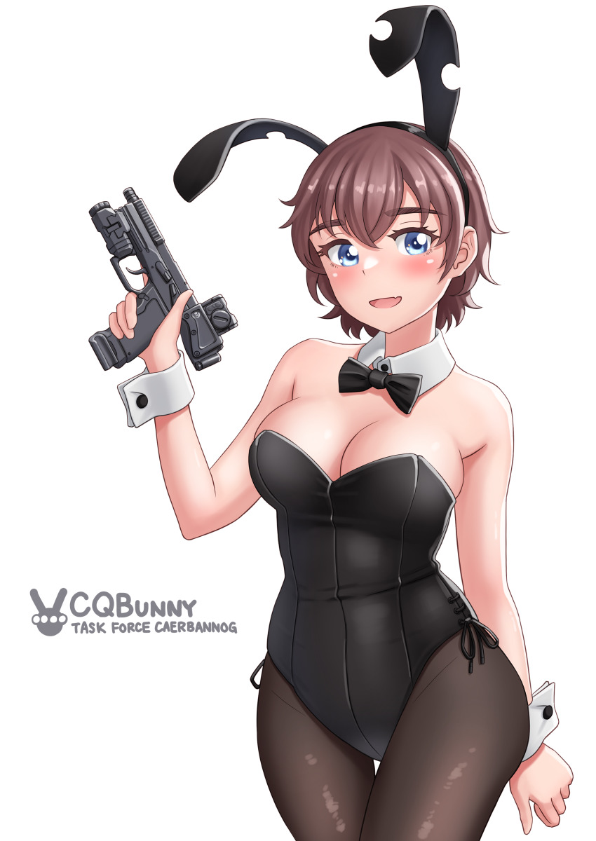 1girl, absurdres, animal_ears, b&amp;t_usw-a1, black_bow, black_bowtie, black_leotard, black_pantyhose, blue_eyes, bow, bowtie, breasts, brown_hair, bunny_day, cleavage, commentary_request, cowboy_shot, detached_collar, english_text, gun, highres, kzm_(sub-moa_works), large_breasts, leotard, looking_at_viewer, original, pantyhose, playboy_bunny, rabbit_ears, short_hair, simple_background, solo, strapless, strapless_leotard, thigh_gap, trigger_discipline, weapon, white_background, wrist_cuffs
