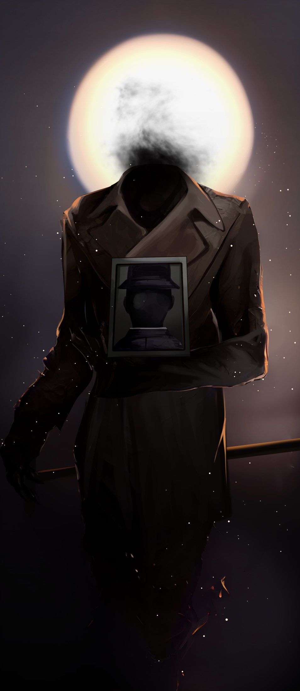 1other, blue_archive, coat, facing_viewer, full_moon, golconda_&amp;_decalcomania_(blue_archive), hat, headless