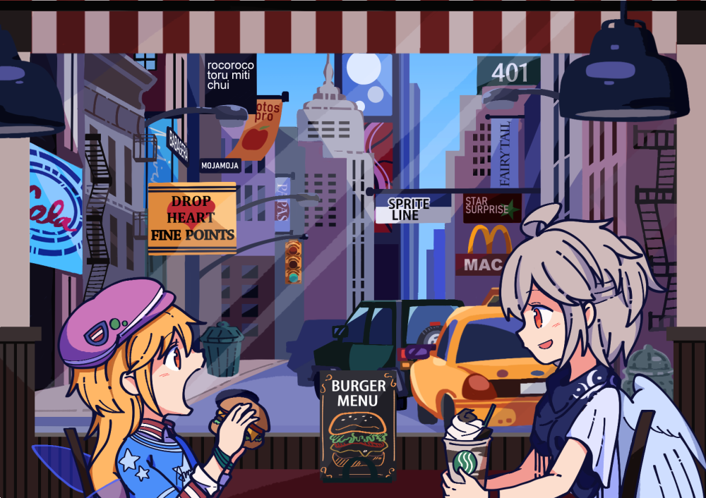 2girls, black_shirt, blonde_hair, blue_shirt, blush, buna_shimeji_(keymush), burger, clownpiece, drink, drinking_straw, fairy, fairy_wings, feathered_wings, food, hair_between_eyes, hat, holding, holding_food, kishin_sagume, long_hair, long_sleeves, mcdonald's, multiple_girls, new_york_city, open_mouth, orange_eyes, purple_headwear, shirt, short_hair, short_sleeves, single_wing, sitting, smile, starbucks, touhou, white_hair, white_wings, wings